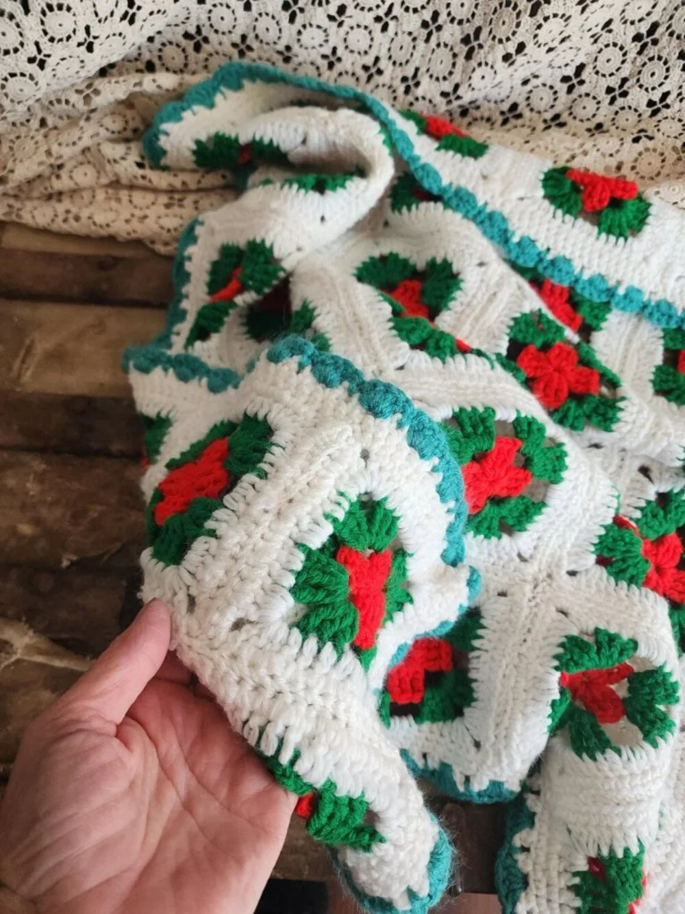 Vintage 1970s Afghan, Granny Square Crochet Lap Blanket, Red Green White Poinset